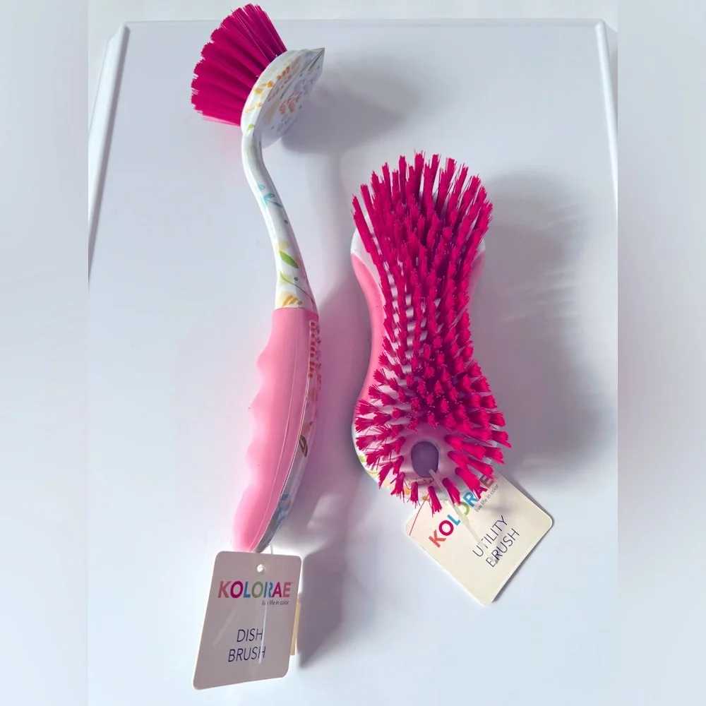 Pink Floral Dish Brush and Utility Brush with Hot Pink Bristles by Kolorae.  New